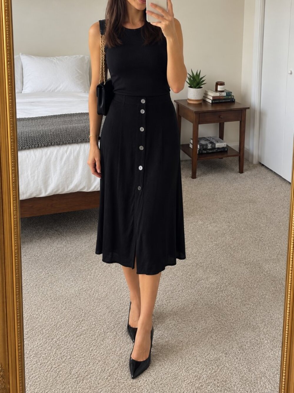 Aritzia Wilfred Black Midi Skirt Size 0 Button Front Flowy